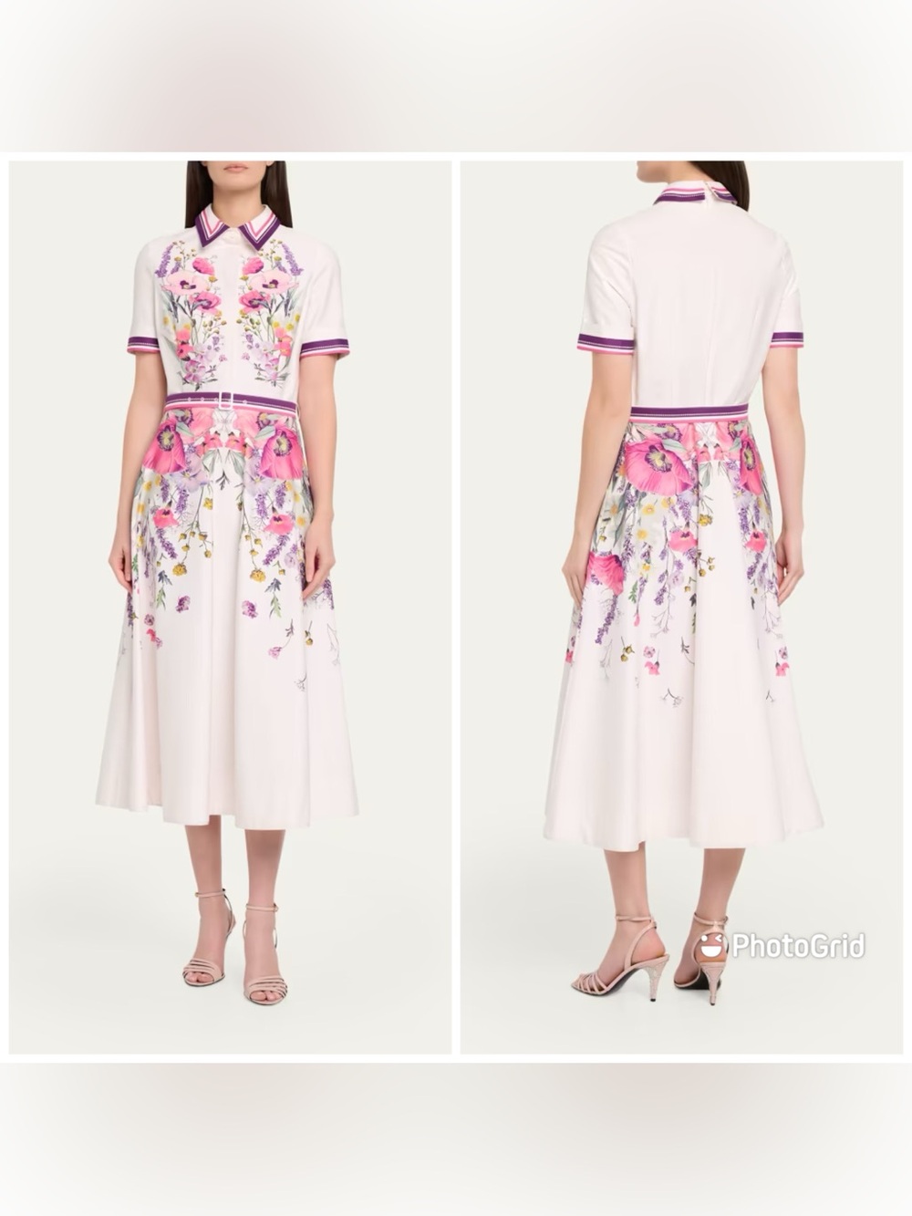 RICKIE FREEMAN FOR TERI JON Belted Floral-Print Cotton Midi Shirtdress Ivory